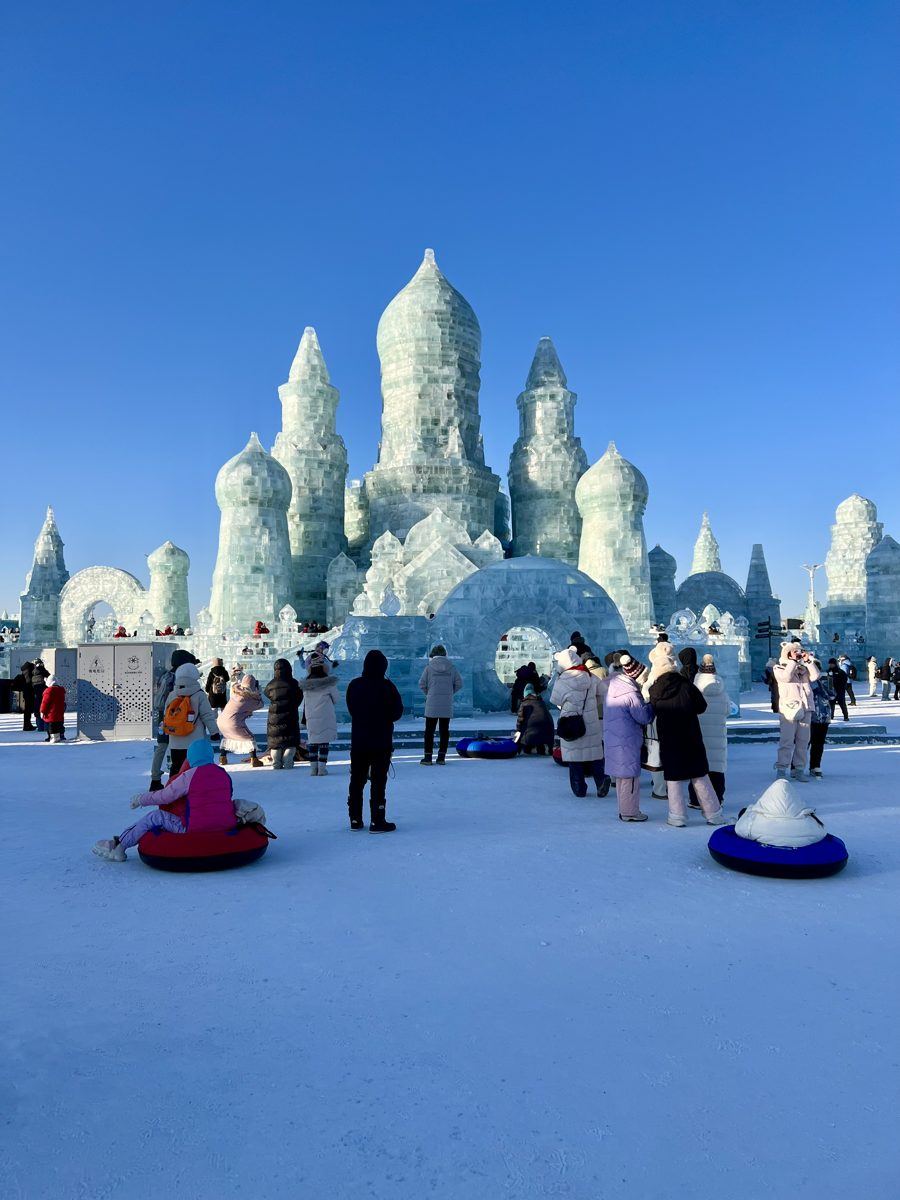 Giant ice castle at Harbin Ice and Snow World in daylight